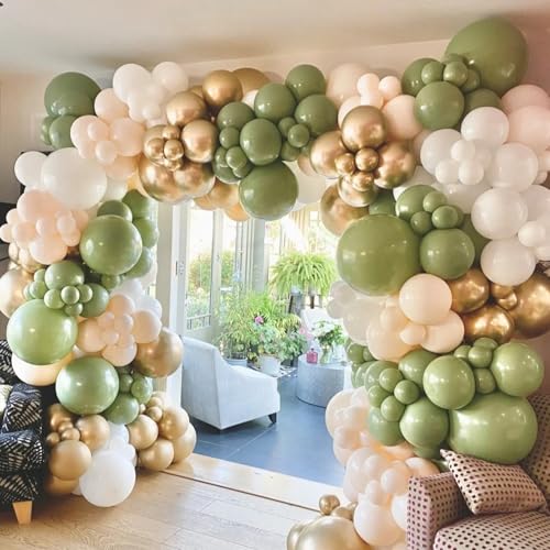 Image of 412Pcs Sage Green White Sand Gold Balloons Garland Arch Kit,18 12 10 5 Inch Different Sizes Balloons for Baby Shower Wedding Birthday Gender Reveal Party Decoration