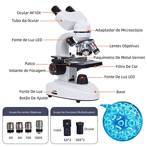 Microscópio Binocular Composto 180000X com WF50X Oculare, Suporte de Telefone, Observação de 45°, Il