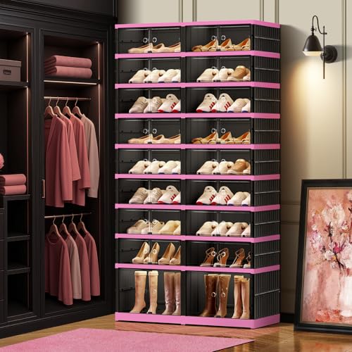Image of CIMLORD 9-Tier Foldable Shoe Rack Organizer with Door, 36 Pairs, Black-Pink | Collapsible Large Shoe Rack for 36 Pairs, Fits Boots, Wide Stackable, Clear Door, Lidded Boxes, Easy Assembly, for Closet