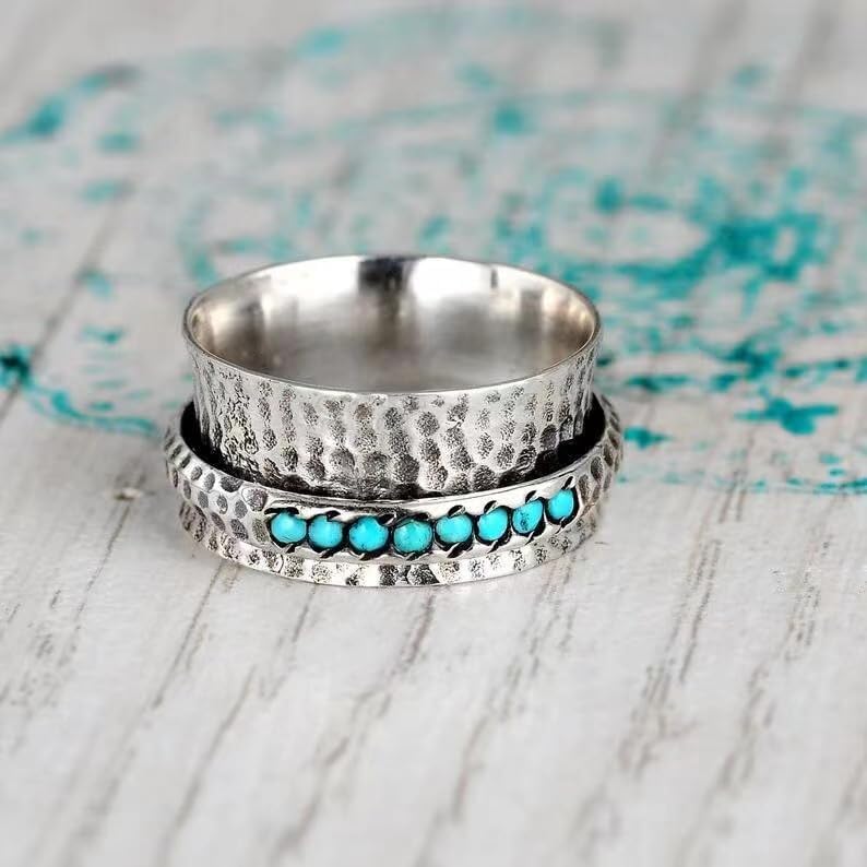 ASFKIPMF 925 Sterling Silver Turn the turquoise ring Cut Natural Stone Rings Victorian Handmade Jewelry Turquoise Ring Cocktail Party Birthday for Women Turquoise ring can be rotated 8 - Image 4