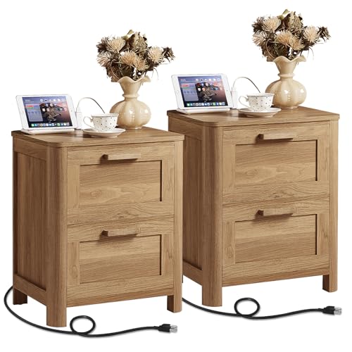Image of Joaxswe Farmhouse Nightstand Set of 2 with Charging Station, End Tables Bedroom with 2 Large Drawers & 4 Thickened Table Legs, Brown