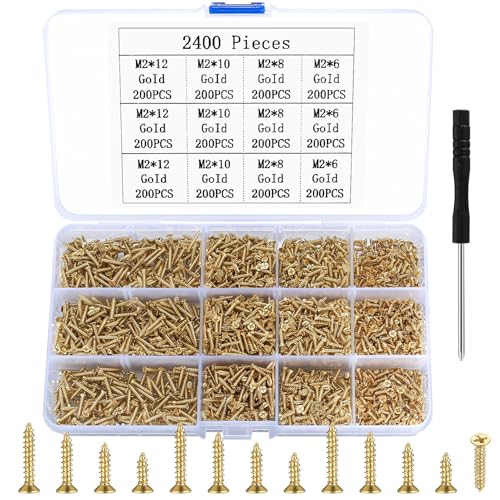 Small Self-Drilling Screws, 2400 Small Wood Screws, Phillips Screws, Flat Head Countersunk Self-Drilling Screws for Electronics DIY Woodworking - Gold