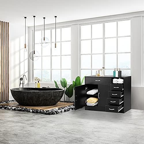 Henf-Beauty-Salon-Spa-Storage-Cabinet-Wood-Hair-Styling-Barber-Station-Spa-Equipment-Hair-Salon-Cabinet-Bathroom-Floor-Cabinet-Hairdressing-Dresser-Cabinet-with-Large-Storage-Space-Black