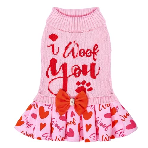 CuteBone ピンク ドッグ セーター ドレス I WOOF You ペット セーター 小型犬用 ボウタイ プルオーバー 子犬 服 猫服 バレンタインデーの商品画像（Amazon）