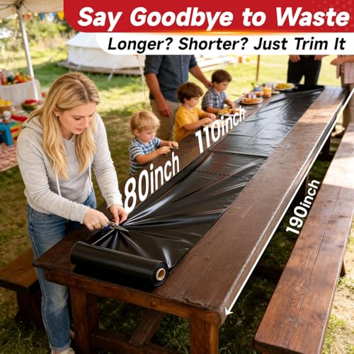 Image of Plastic Table Cloth, 110 Ft X 54 in Disposable Tablecloth PEVA Black Plastic Tablecloth Roll with Any Cut Sliding Cutters Premium Table Cover Roll for Everyday Tables, Meals, Parties, Crafts, Picnics