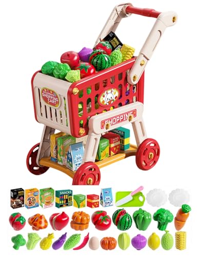 Amecke ショッピングカート おもちゃ 車輪付き 手押し車 おままごと お買い物カート 食料品 果物 野菜 買い物ごっこ 女の子 男の子 買い物 スーパーカート 組み立て簡単 知育玩具 おもちゃ 室内&室外遊び ままごとセット クリスマスプレゼント ギ