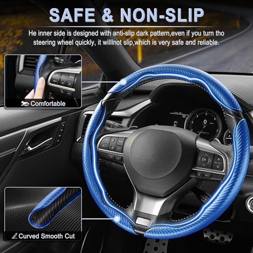 Image of Amiss 3pcs Carbon Fiber Anti-Skid Steering Wheel Cover, Waterproof & Segmented Butterfly Design, Universal 99% Vehicle Wheel Cover Protector, Car Interior Accessories, Blue