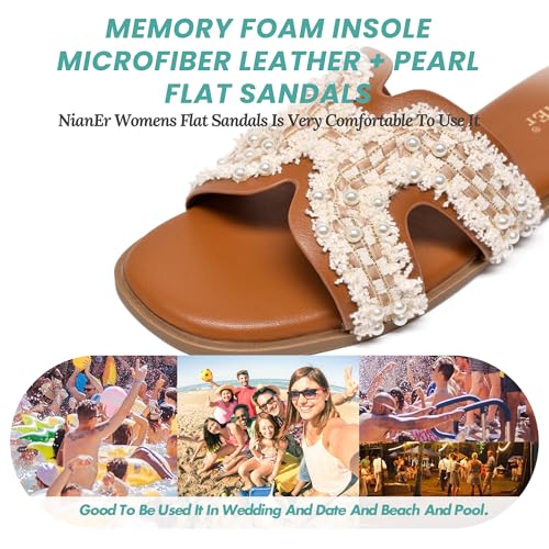 Image of NianEr Womens Microfiber Leather Memory Foam H Sandals Summer Shoes Slides | Flat, Comfortable, Slip On, Dressy, Dress, Beach, Vacation, Designer, Comfy, Casual, Bridal, Church, Boho, Office, Work
