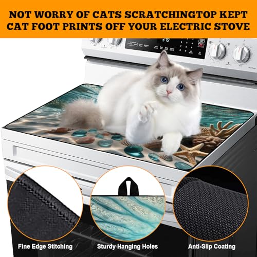 Image of Multi-Design Stove Top Cover for Glass /Electric Stoves - 3-in-1 Heat-Resistant Protector Mat, Non-Slip Drying Rack 28 inchx20 inch (Seabed, 28 inch L x 20 inch W)