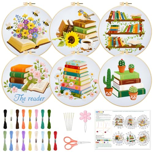 Image of INFUNLY 6 PCS Book and Flower Embroidery Kits for Beginners DIY Cross Stitch Starter Sets for Adults with Instructions Book Cacti Pattern Birds Needlepoint Kits with Embroidery Cloth Hoops Tools