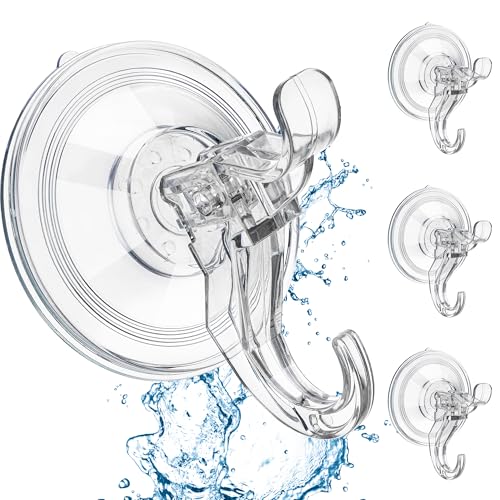 ANDGOO Large Suction Cup Hooks for Shower, Removable Shower Hooks, Heavy Duty Towel Hook for Bathrooms Robe Looafh, Strong Suction Double Hooks for Glass Window Door Mirror Tile (Clear, 4 Pack)