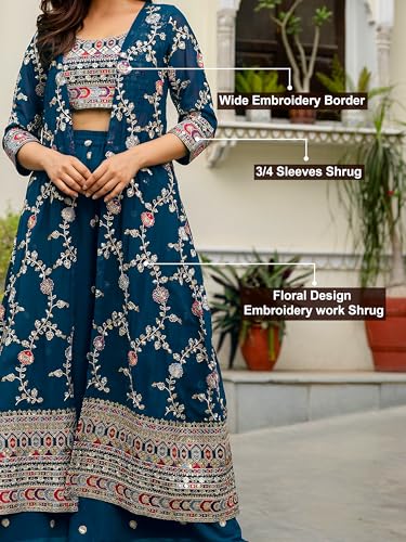 Image of TRENDMALLS Women's Georgette Embroidery Sequence Work Crop Top with Flared Palazzo and Shrug Set Ethnic Salwar Set