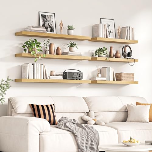 Image of Fun Memories 32Inch Floating Shelves for Wall, 8 Inch Deep Shelves for Bathroom|Bedroom|Kitchen Wall Mounted, Wood Hanging Shelf with Invisible Brackets for Home Storage Decor, Oak - 2 Pack