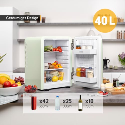 TZS First Austria - Retro Mini Kühlschrank 40L lautlos - Kleiner Minikühlschrank im Vintage-Design mit Innenbeleuchtung & 2 Türfächern - Minibar für Camping, Büro, Schlafzimmer & Hotel - mint