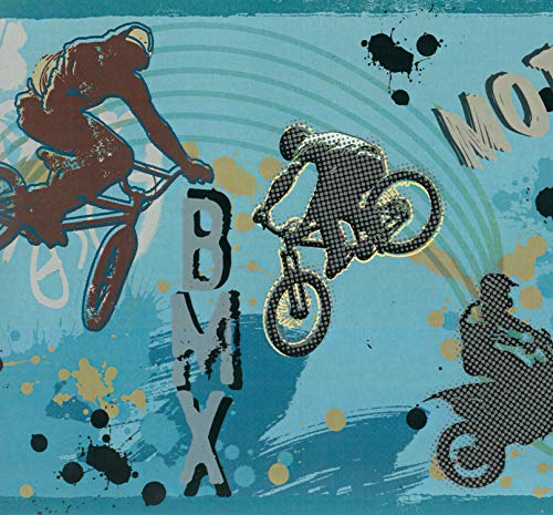 Dundee Deco BD6294 Frise de Papier Peint, Frise Murale, Bordure de papier peint précollé Motif motos sportives Bleu vert, jaune Taille rétro 4,57 m x 20,32...
