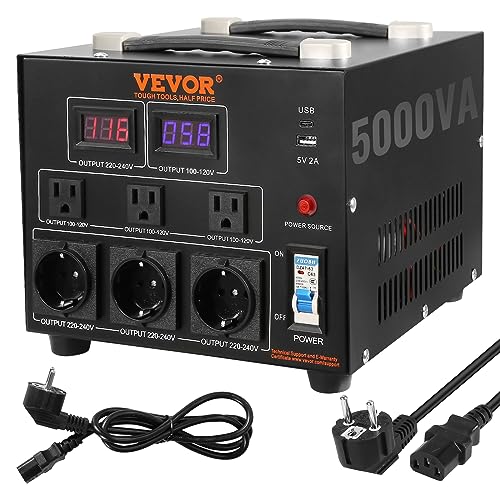 VEVOR Voltage Converter Transformer, 5000W, Heavy Duty Step Up/Down Transformer, Convert from 110 Volt to 220 Volt and from 220 Volt to 110 Volt, with US Outlet EU Outlet 5V USB Port, CE Certified