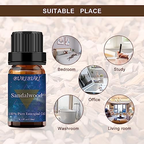 Image of BURIBURI Sandalwood Essential Oils for Diffuser, Skin, Hair, 100% Pure, Fragrance Oil for Candle Soap Perfume Making, Natural, Organic Aromatherapy Sandalwood Oils 10ML