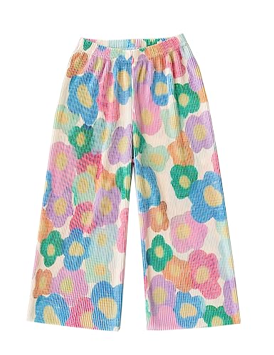 Image of Kiench Girls Wide Leg Palazzo Pants Pleated Silky Flowy Trousers Cute Print