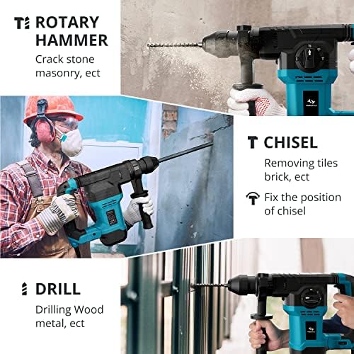 Tilswall SDS-Plus Rotary Hammer Drill 1500W, 4 Function and Adjustable Soft Grip Handle with Vibration Control, Concrete Drill Breaker Includes 3 Drill Bits,Point and Flat Chisel with Case