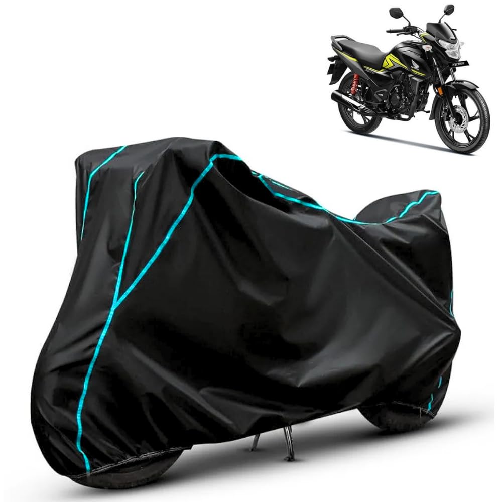 FAVY Water Resistant Bike Cover for Honda SP 125 | Rain, Sun UV, Scratch and Dust Proof Protection | Bike Body Cover, Black with Aqua Lining | Triple Stitched Elasticated Bottom