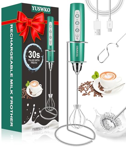 Image of YUSWKO Handheld Milk Frother Wand for Coffee, Rechargeable Electric Whisk with 3 Heads 3 Speeds Drink Mixer Coffee Frother For Latte, Cappuccino, Hot Chocolate, Egg, Green with Holder
