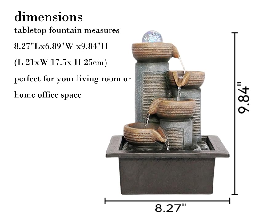 GIDITA Tabletop Water Fountain with LED Crystal Ball – 4-Tier Indoor Zen Fountain with Cascading Water and Soothing Sounds for Home Office Bedroom Décor