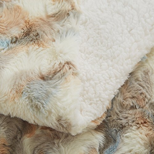 Tache 90X90 Soft Warm Tan Brown Blue Russian Lynx Faux Fur White Sherpa Bed Blanket #TOP7
