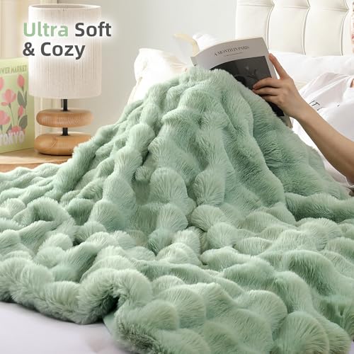Smoofy Faux Fur Throw Blanket for Couch – Sage Fluffy Cozy Rabbit Fleece, Plush Soft Bubble Blanket for Sofa & Bed, for Mom, Warm Fuzzy Home Room Decor Throw 50" x 60"