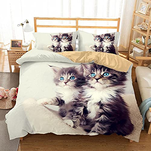 Gabapipa Dessin animé Animaux Motif Chat 3pcs Parure de Lit, Mignon Chat Simple Double King Size Chat Housse de Couette et Taies d'oreiller 140 x 200 cm Chaton Noir, pour Enfant Garçons Filles Ado Cover
