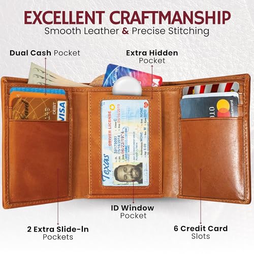 Image of BULL GUARD Trifold Wallet with RFID For Men, Genuine Real Leather - Top Grain Cowhide Tan, Durable & Compact Tri-Fold Design with Strong Stitching for Comfortable Pocket Fit, Secure Everyday Carry