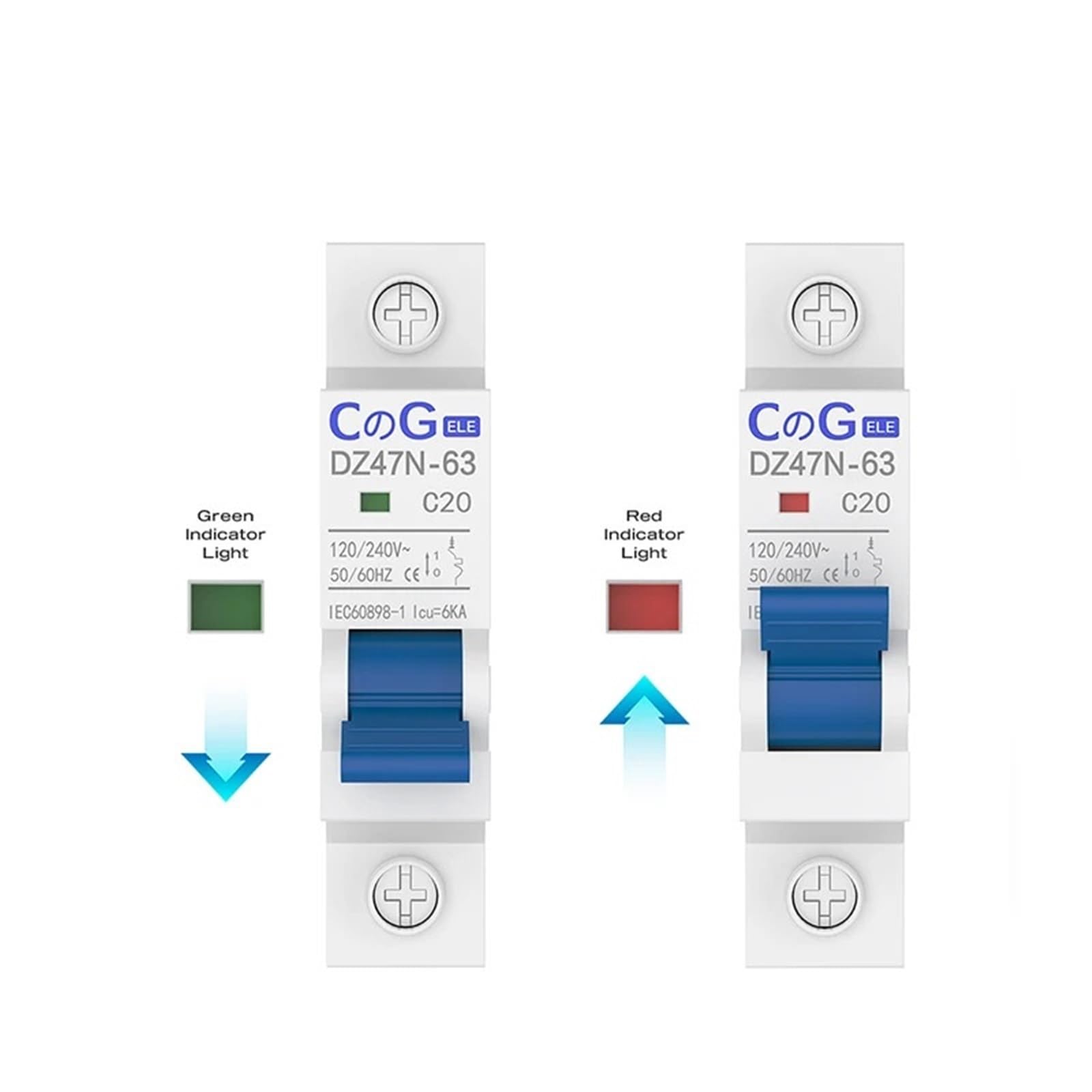 Interruttore automatico CA da 2 pezzi, 1 polo, 6 A, 10 A, 16 A, 20 A, 25 A, 32 A, 40 A, 50 A, 63 A, 120/240 V, con sgancio magnetico termico, montaggio su guida DIN.(20A 2pcs)