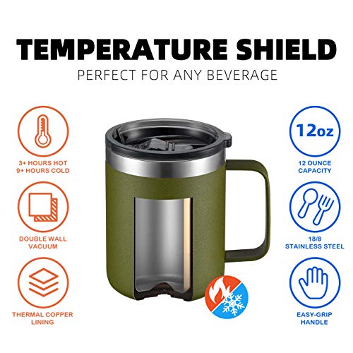 Image of 12oz Stainless Steel Insulated Coffee Mug with Handle, Double Wall Vacuum Travel Mug, Tumbler Cup with Sliding Lid, Army Green