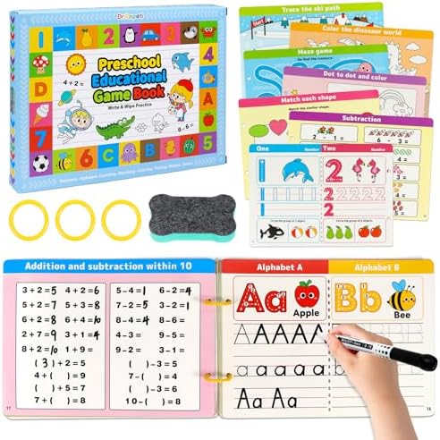 Dr.Rapeti Preschool Learning Activities Educational Workbook Busy Book 58 Pages 8 Dry Erase Markers Prek Montessori Handwriting Practice Activity Tracing Toy Early Learning Toy for 3 years+