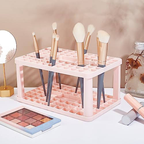 Image of AHandMaker Paint Brush Organizer - 71 Hole Plastic Holder for Makeup, Artist & Cosmetic Brushes, Small Tools - Pink