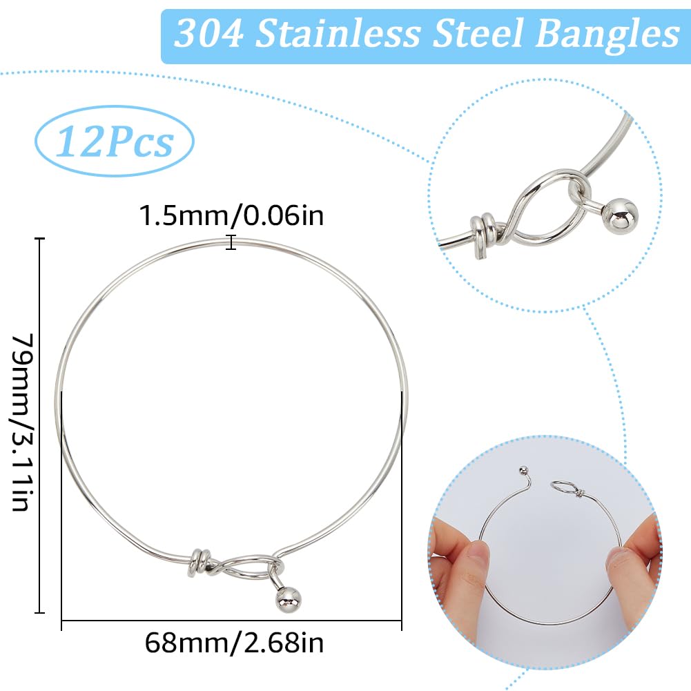 SUNNYCLUE 12Pcs Bracelet Bangle Open Blank Wire Bangle Charm Bracelet Silver 304 Stainless Steel Buckle Hook Clasp Adjustable Bangles for Jewellery Making Supplies Bracelets DIY Crafts Women Beginner - Image 2