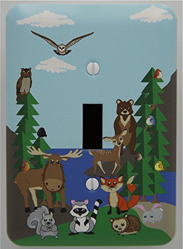 Single Toggle Woodland Forest Animal Light Switch Plate and Outlet Covers, Children's Nursery Decor with Owls, Birds, Fox, Bear, Squirrel, Deer, Hedge Hog, Moose and a Raccoon. (Single Toggle)