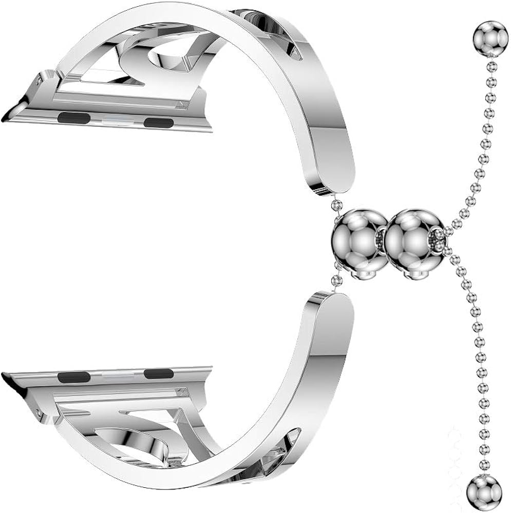 Compatible with Apple Watch Band, Newest Released Unique Dressy Stainless Steel Cuff Bracelet with Pendant and Tassel for Women Girls Adjustable