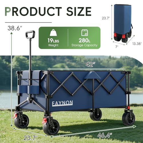 Image of 46 inch L Collapsible Foldable Extended Wagon, 500LB Weight Capacity with 280L Heavy Duty Folding Cart,Utility Wagon with All-Terrain Beach Wheel & Drink Holders,Blue