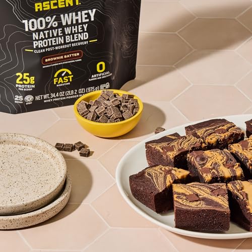 Image of Ascent 100% Whey Protein Powder - Post Workout Whey Protein Isolate, Zero Artificial Flavors & Sweeteners, Gluten Free, 5.5g BCAA, 2.6g Leucine, Essential Amino Acids, Brownie Batter 1.7 lb
