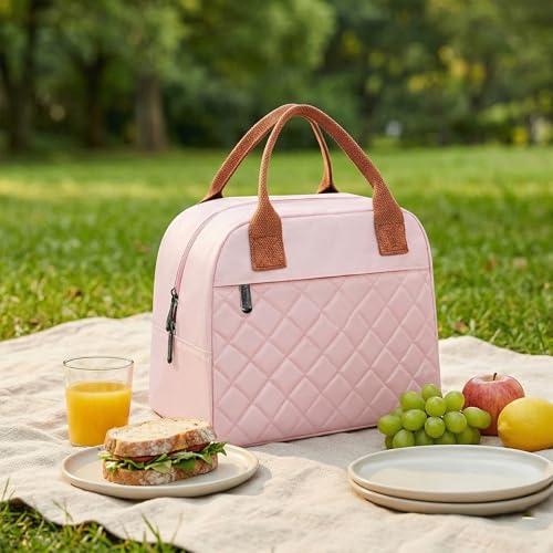 Image of SaleOn 7.5 LTR Thermal Insulated Lunch Bag for Women & Girls | Stylish Tiffin Bag | Big Size Food Carrier Tote for Office, College, School | Pink Travel Lunch Box Pouch with Handle (Pink)