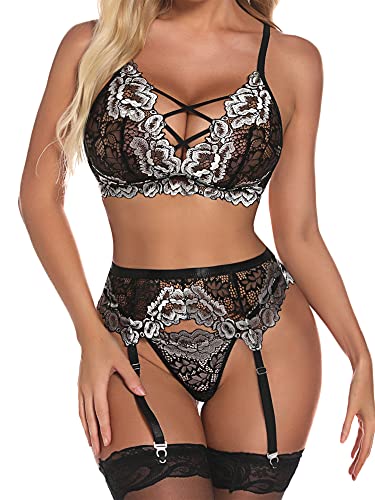 EVELIFE Frauen Dessous Set mit Strumpfgürtel Sexy Spitze BH und Höschen Set Riemchen Teddy Nachtwäsche 3-teilig Dessous, weiß, 46 Cover