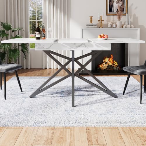 STAPERFO Table à manger extensible 120/160 cm avec pieds en métal en forme d'étoile - Table de cuisine avec décor en marbre - Table de salle à manger peu encombrante pour 6 à 8 personnes - Noir/blanc