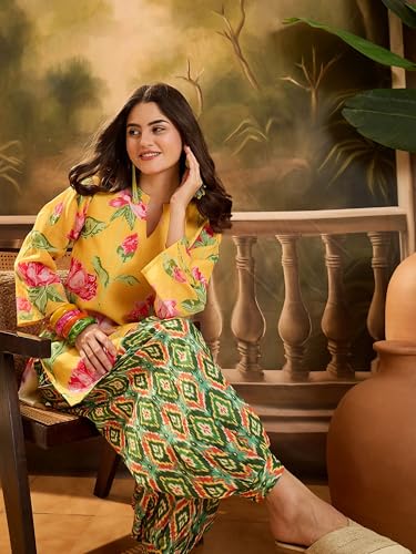 Image of EthnicJunction Women's Linen Floral Print Summer Wear Straight Short Kurti with Afghani Pant Set | Co Ord Set for Women Stylish | Fusion wear Women