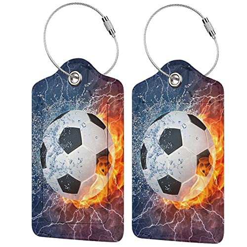 Soccer Luggage Tags for Kids Boys Suitcases for Travel, 2 Pack Cool Sports Backpack Tags for Teens Adults Men Women, Leather Name ID Label Luggage Identifiers for Baggage