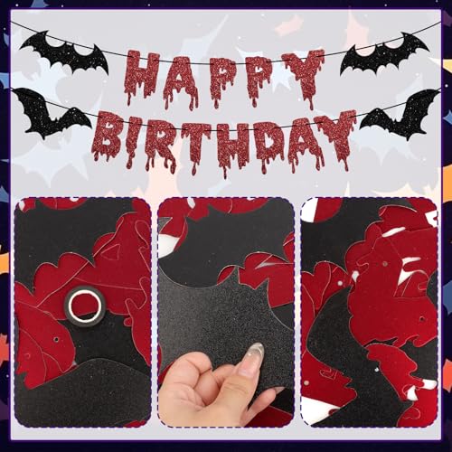 Image of Halloween Red Glitter Happy Birthday Banner Halloween Horror Zombie Birthday Banner Bloody Horror Movie Themed Birthday Photo Backdrop for Wall Home Mantle Office Wall Scary Party Supplies