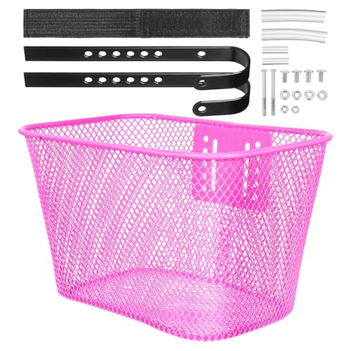 HOMOBABE Cesta Delantera para Bicicleta de Hierro Resistente, Cesta Cuadrada Rosa con Fijación de Cinta Adhesiva, Portaequipajes Adecuado para Paseo Urbano y Bicicleta Infantil