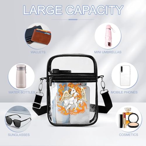 Unicorrn on Fire Clear Crossbody Bag Stadium Bag Adjustable Side Shoulder Bags Messenger Bag with 2 Compartments3