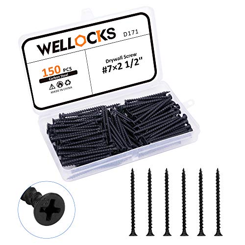 WELLOCKS Drywall Screws 150 Pcs #7×2 1/2' Wood Screws Self Tapping Assortment Steel Black Bugle Head Coarse Phillips Sharp Point Fast Drilling for Home Handmade Repair Installation (D171)