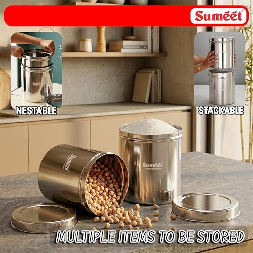 Image of Sumeet Stainless Steel Large Dabba /Canisters /Vertical Storage Container for Kitchen, 19cm & 20cm Dia - 5000ml - (5Kg to 5.5Kg Approx) & 6500ml - (5.7Kg to 6.3Kg Approx)