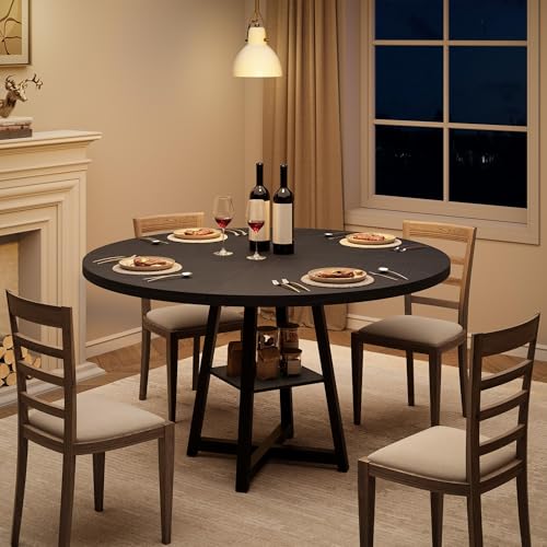 Garvee Table De Salle à Manger Ronde pour 4 à 6 Personnes, Pied Central en Métal, Industriel, Table avec Étagère De Rangement Intégrée pour Salle à...